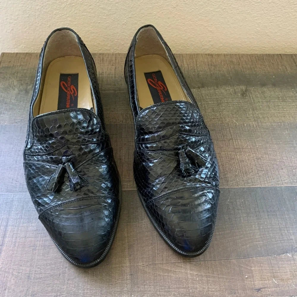 Giorgio‎ Brutini Mens 11M Black Genuine Snake Skin Leather Tassel Loafers